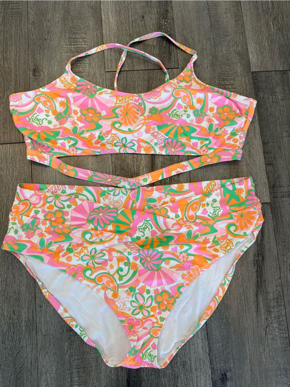 Women's plus size Floral High-Waist Bikini Set - Pink, Orange & Green